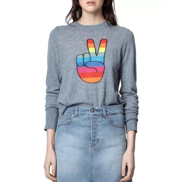 Zadig & Voltaire Size L Gray Liruius Peace Sign Rainbow Graphic Cashmere Sweater - Picture 1 of 14